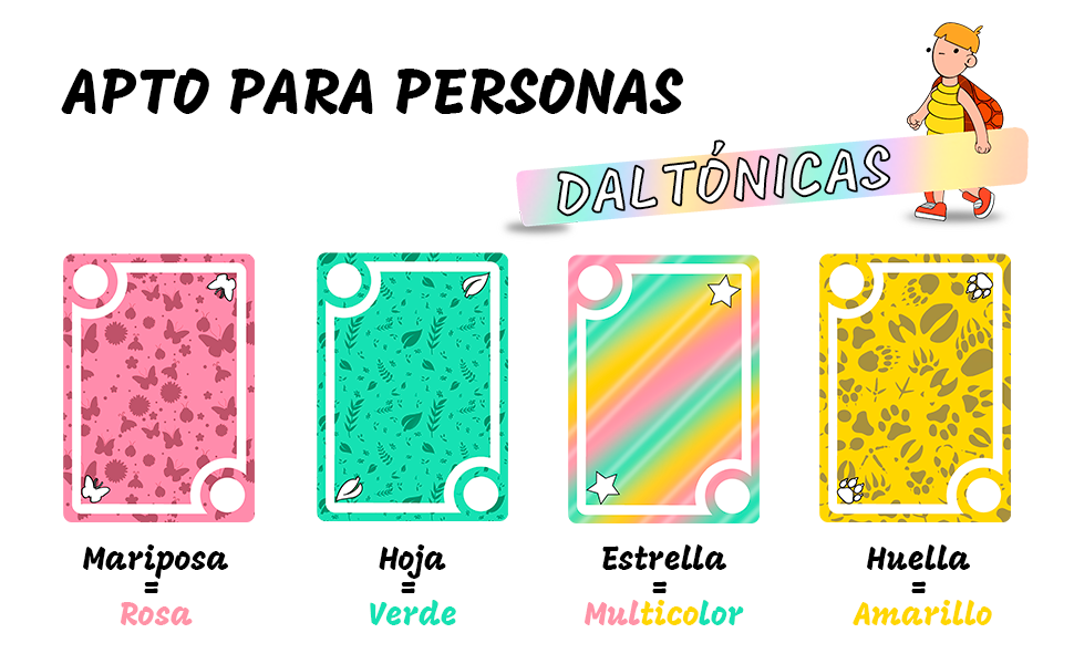 Apto para personas daltónicas: mariposa rosa, hoja verde, estrella multicolor y huella amarilla