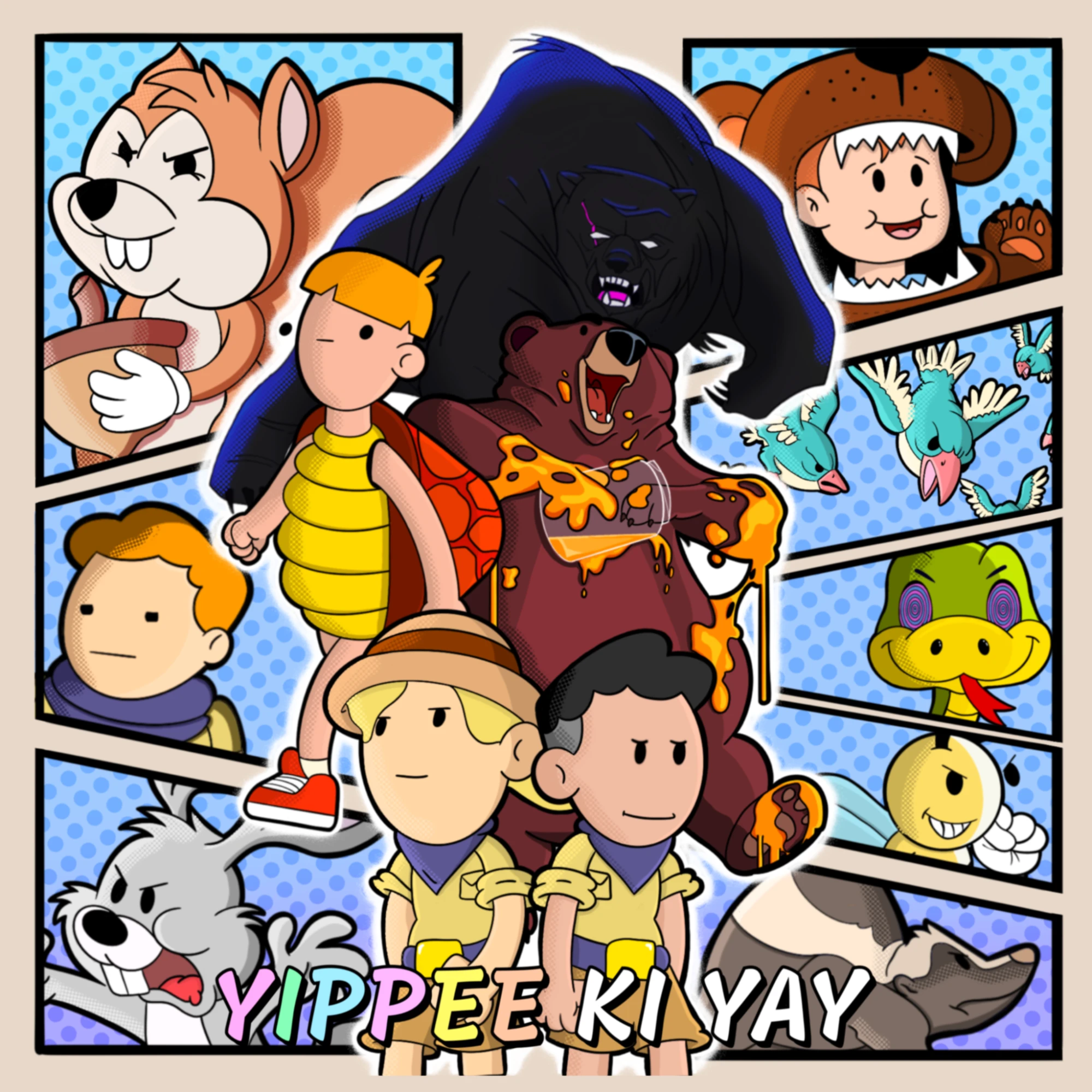 Yippee Ki Yay: ilustración de los personajes y animales del juego